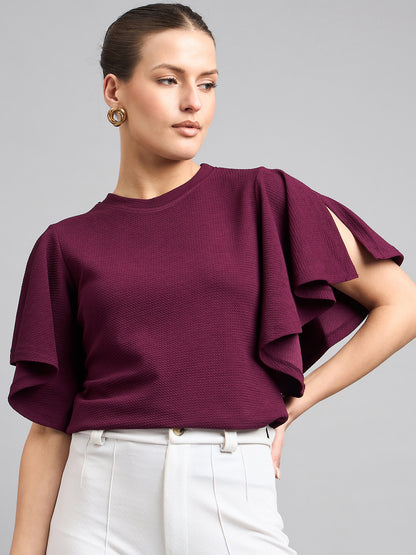 Style Quotient Women Solid Maroon Self Design Polyknit Top