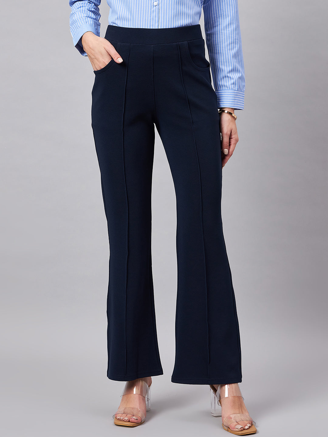 Style Quotient Women Solid Navy Self Design Polyester Formal Trouser