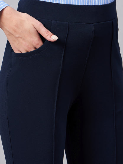 Style Quotient Women Solid Navy Self Design Polyester Formal Trouser