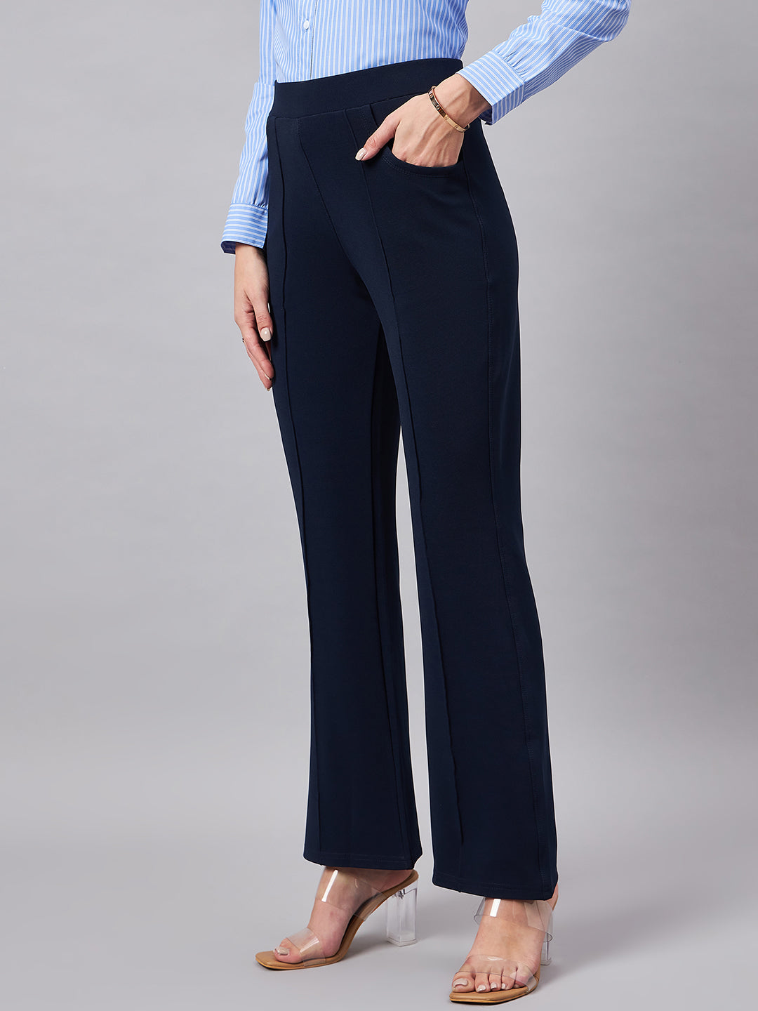 Style Quotient Women Solid Navy Self Design Polyester Formal Trouser