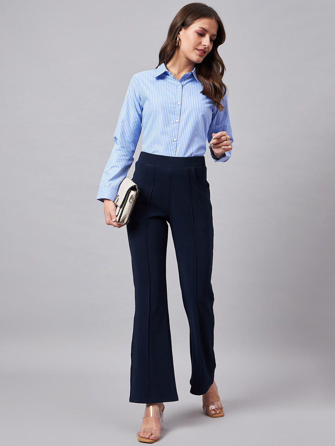 Style Quotient Women Solid Navy Self Design Polyester Formal Trouser