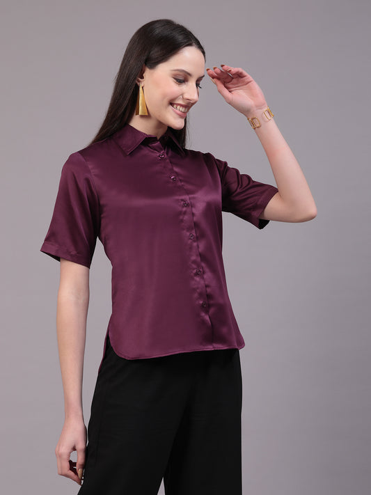 Style Quotient Women Wine Satin Comfort Fit  Shirt