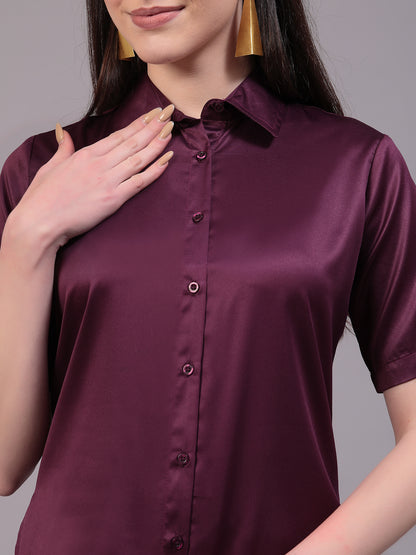 Style Quotient Women Wine Satin Comfort Fit  Shirt