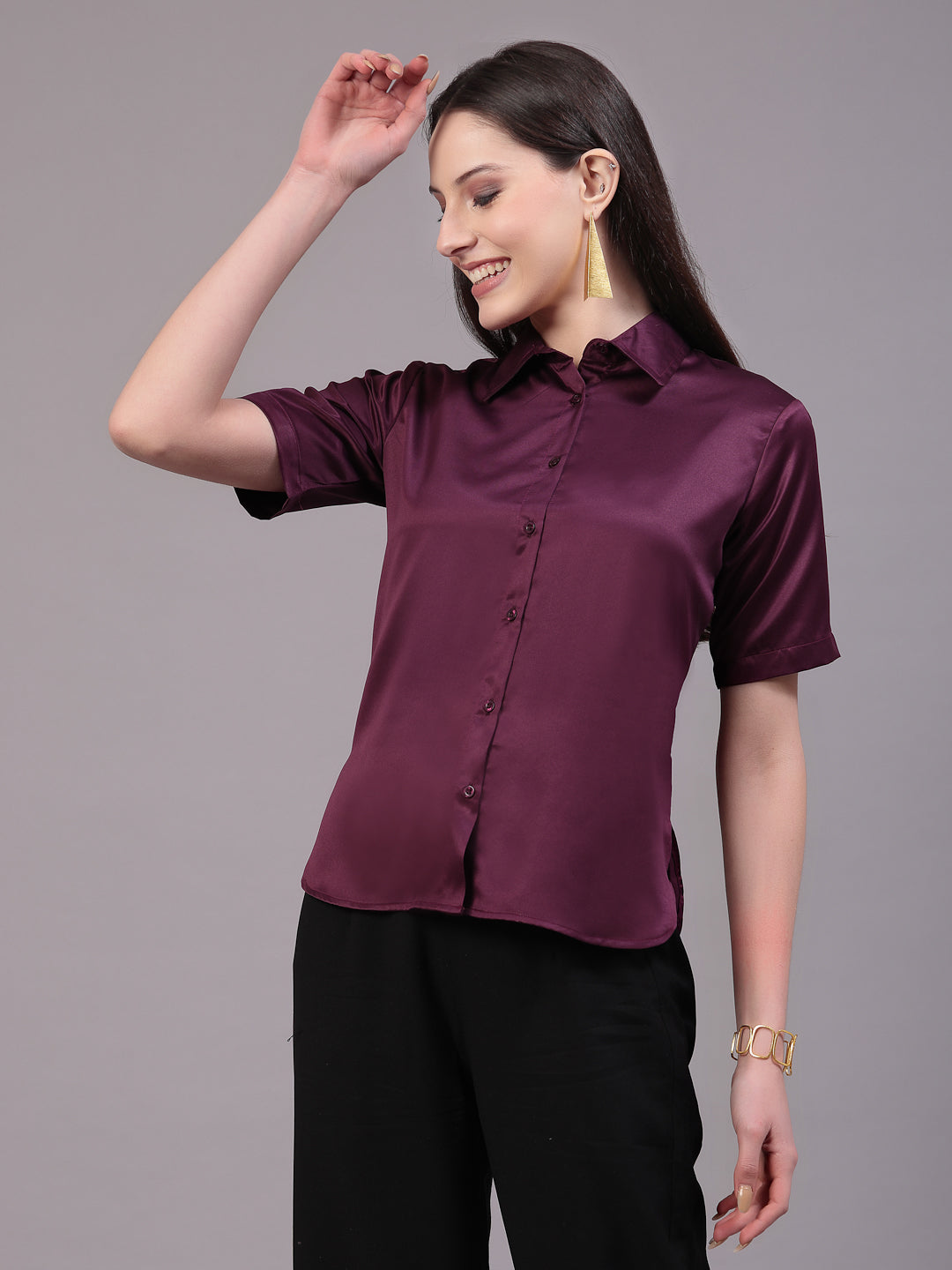 Style Quotient Women Wine Satin Comfort Fit  Shirt