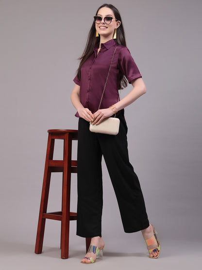 Style Quotient Women Wine Satin Comfort Fit  Shirt