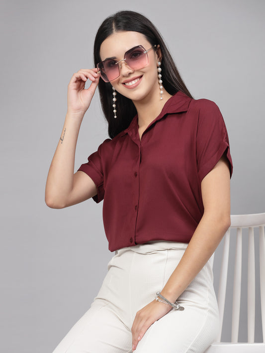 Style Quotient Women Solid Maroon Polyester Formal Shirt