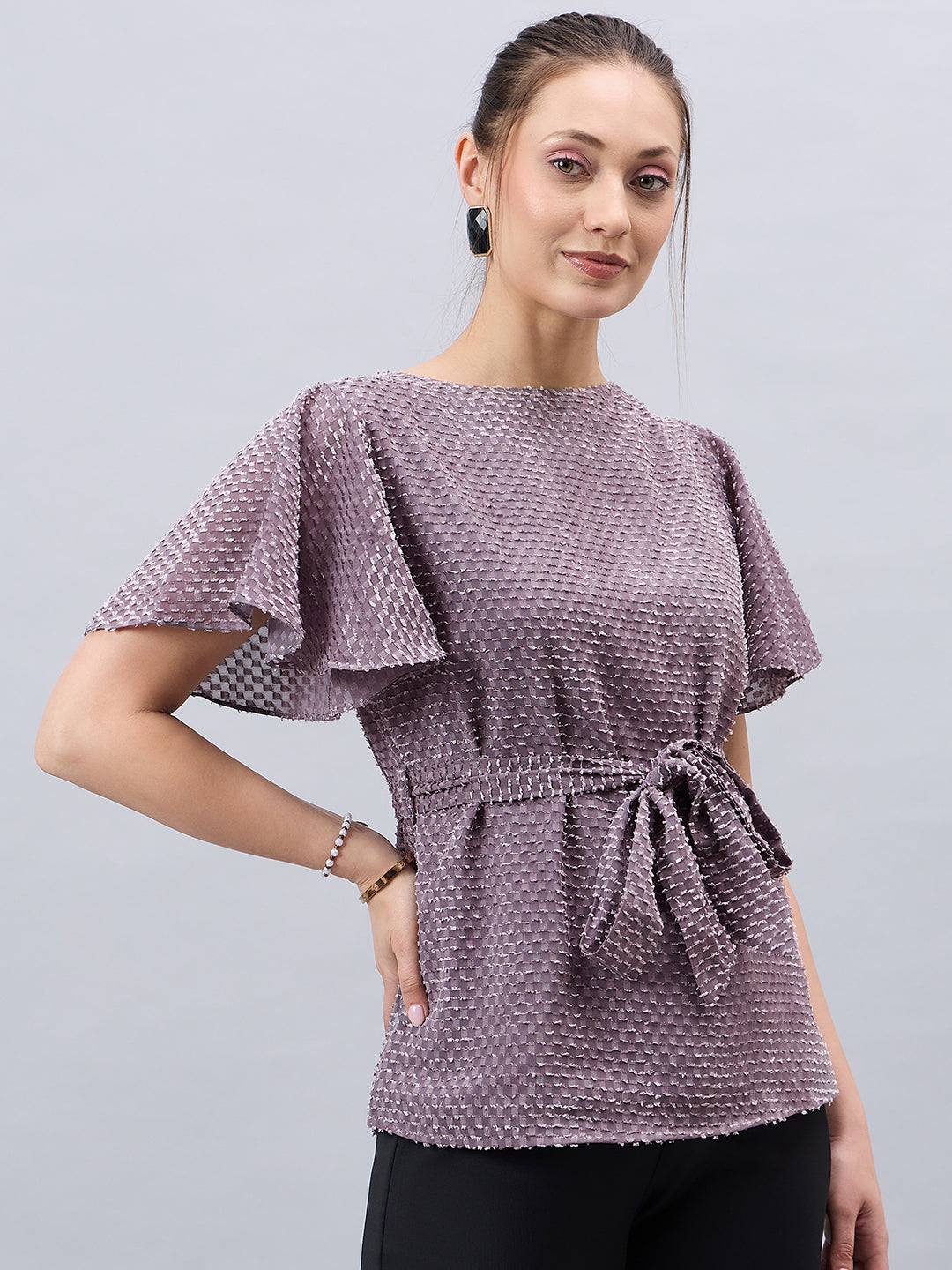 Style Qutotient Womens Grey Textured Belted Top With Flare sleeves