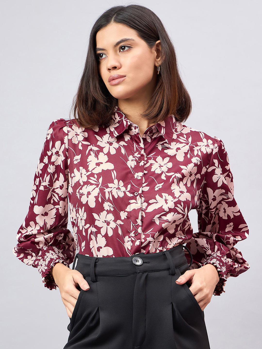 Style Quotient Women Maroon And Beige Floral Printed Polyester Regular Fit Smart Casual Shirt