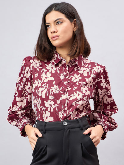 Style Quotient Women Maroon And Beige Floral Printed Polyester Regular Fit Smart Casual Shirt