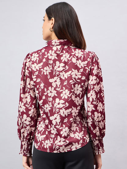 Style Quotient Women Maroon And Beige Floral Printed Polyester Regular Fit Smart Casual Shirt