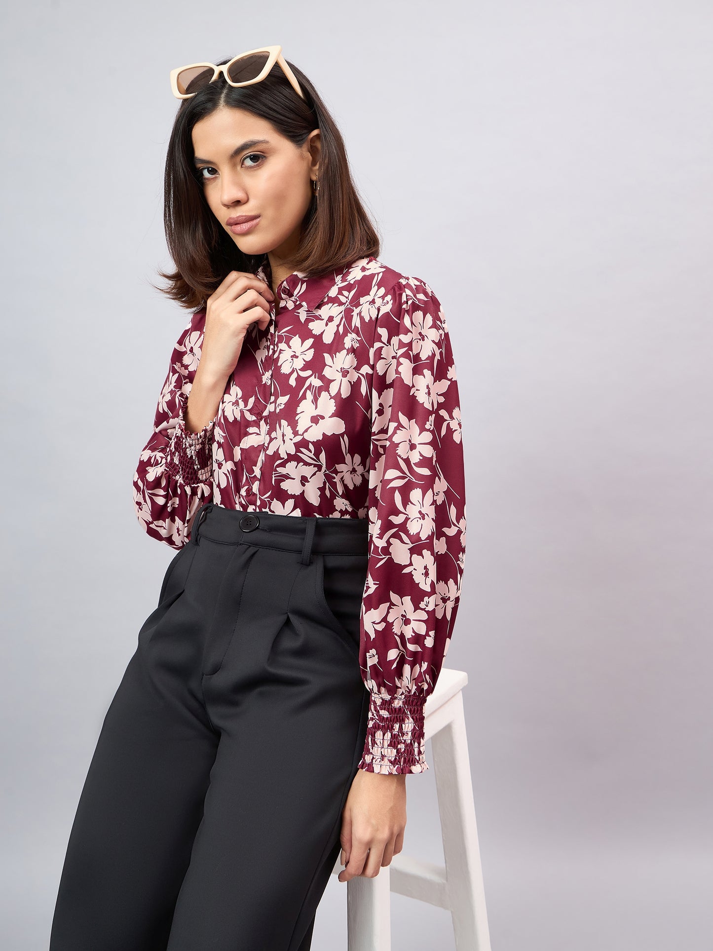 Style Quotient Women Maroon And Beige Floral Printed Polyester Regular Fit Smart Casual Shirt