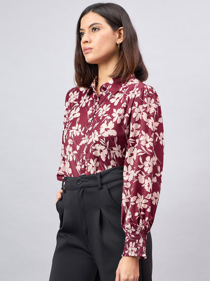 Style Quotient Women Maroon And Beige Floral Printed Polyester Regular Fit Smart Casual Shirt