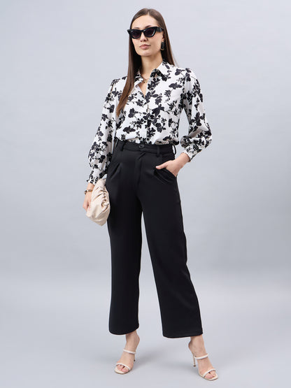 Style Quotient Women Black And White Floral Printed Polyester Regular Fit Smart Casual Shirt