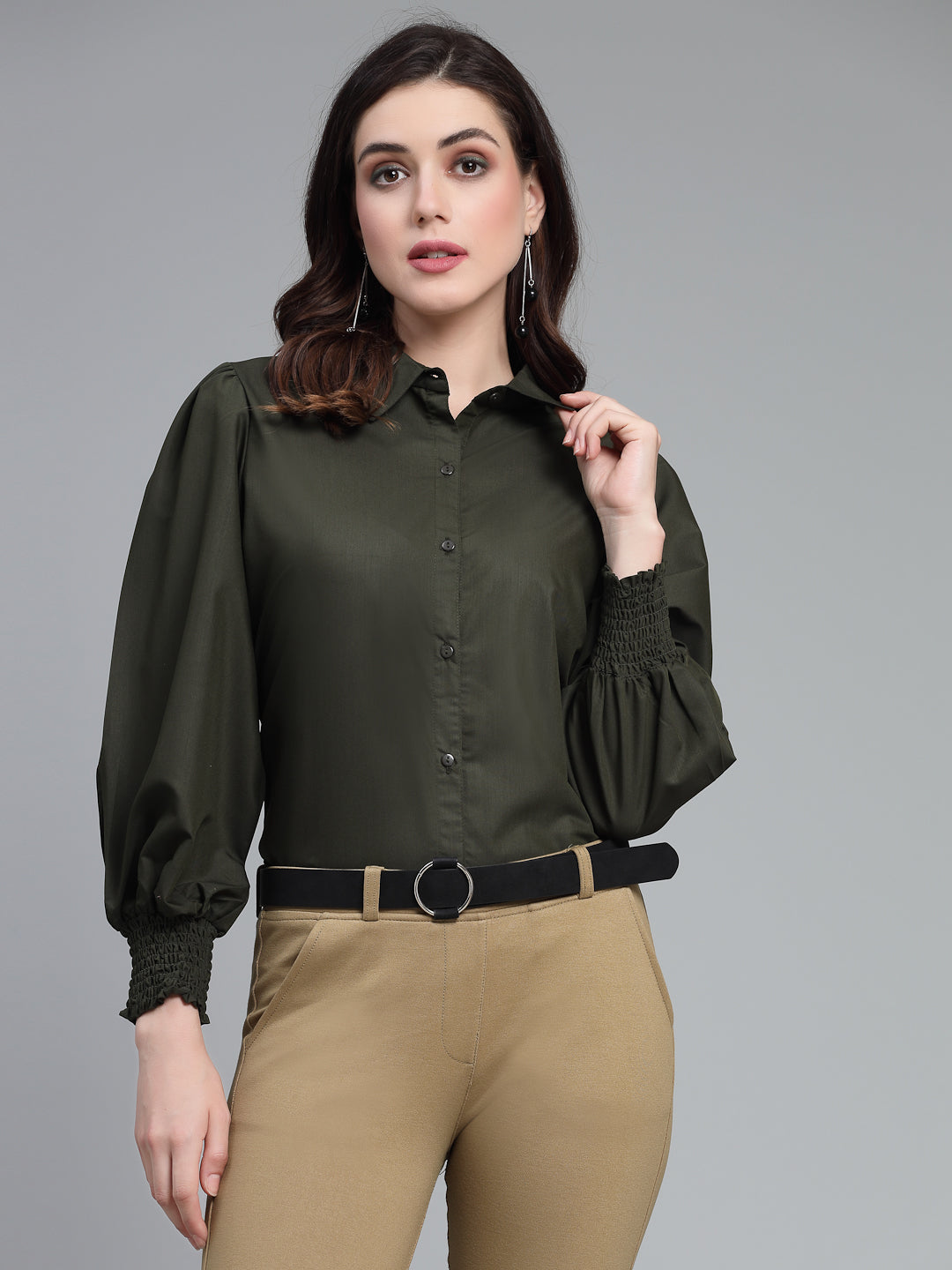 Style Quotient Women Solid Olive Polycotton Regular Formal Shirt