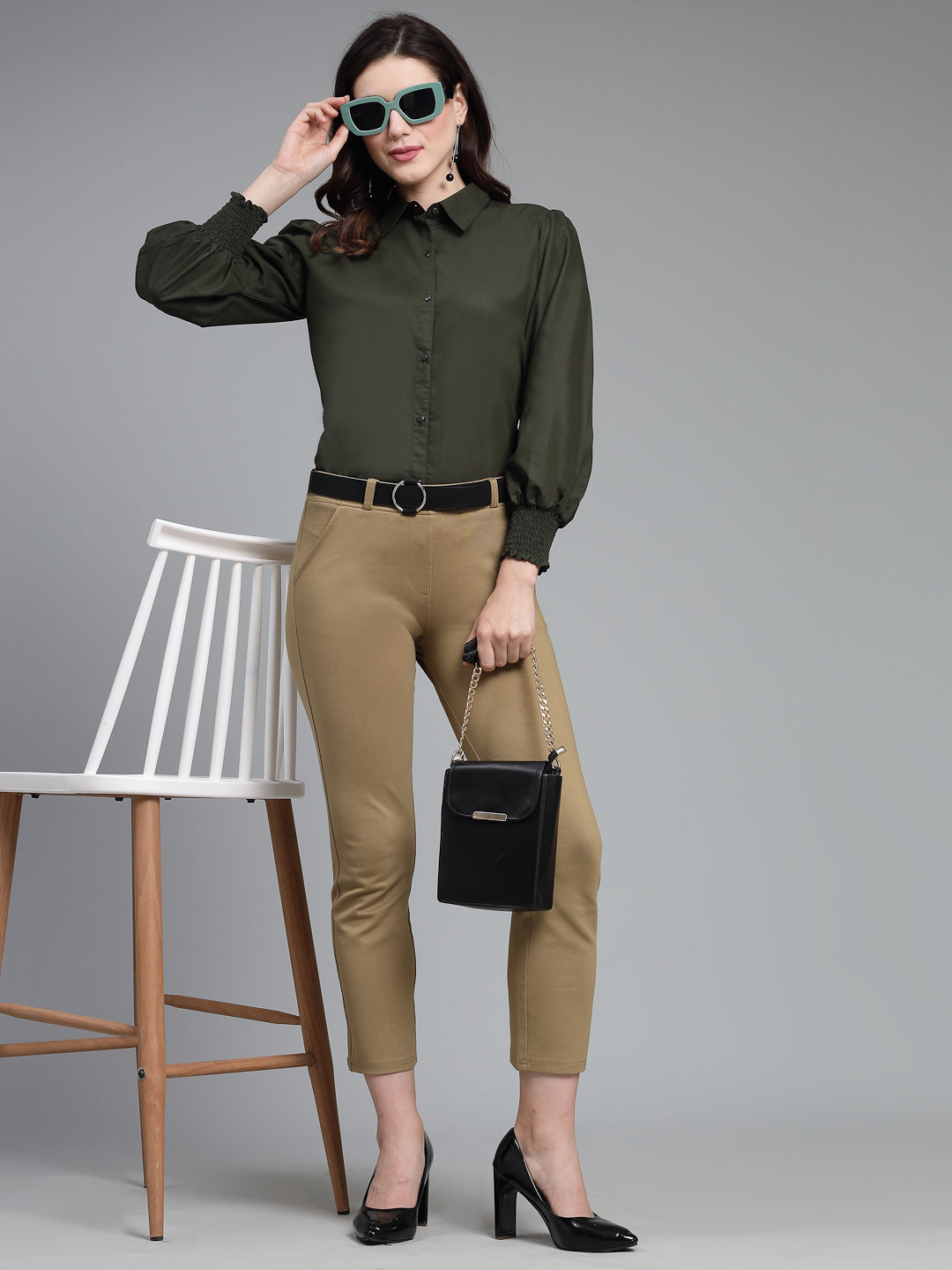 Style Quotient Women Solid Olive Polycotton Regular Formal Shirt