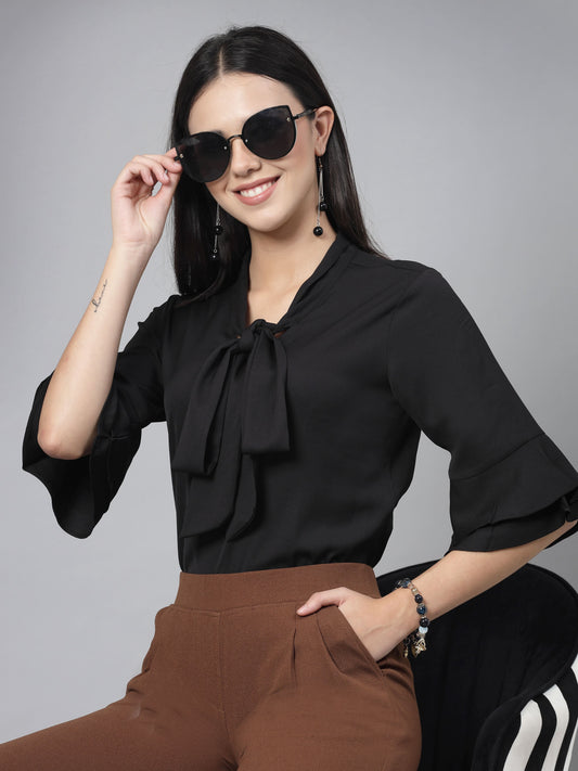 Style Quotient Women Solid Black Polymoss Regular Formal Top