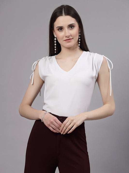 Style Quotient Women Solid White Polyester Regular Smart Formal Top