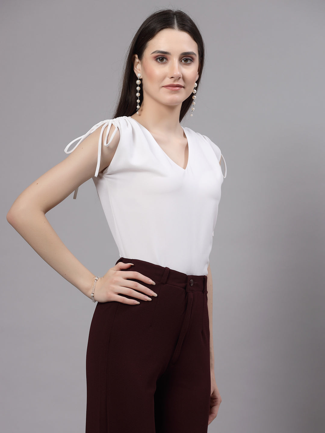 Style Quotient Women Solid White Polyester Regular Smart Formal Top