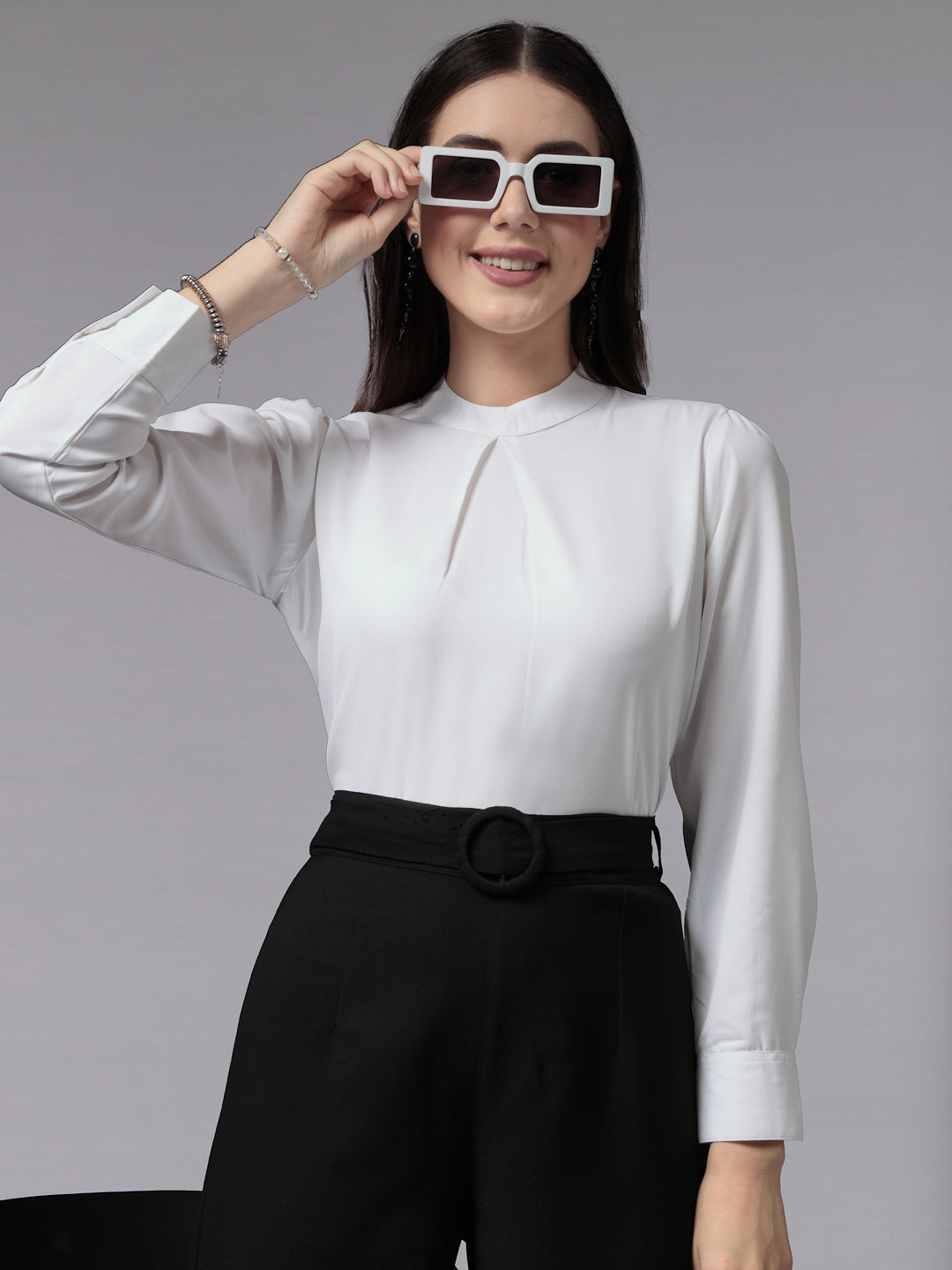 Style Quotient Women White Smart Opaque Band Collar Full Sleeves Smart Top