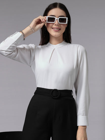 Style Quotient Women White Smart Opaque Band Collar Full Sleeves Smart Top