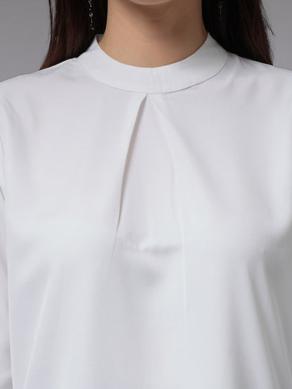 Style Quotient Women White Smart Opaque Band Collar Full Sleeves Smart Top