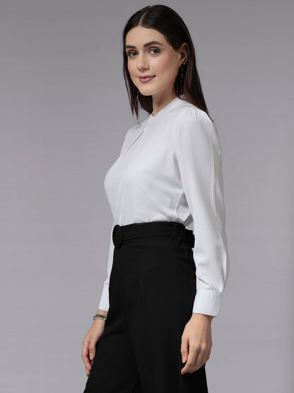 Style Quotient Women White Smart Opaque Band Collar Full Sleeves Smart Top