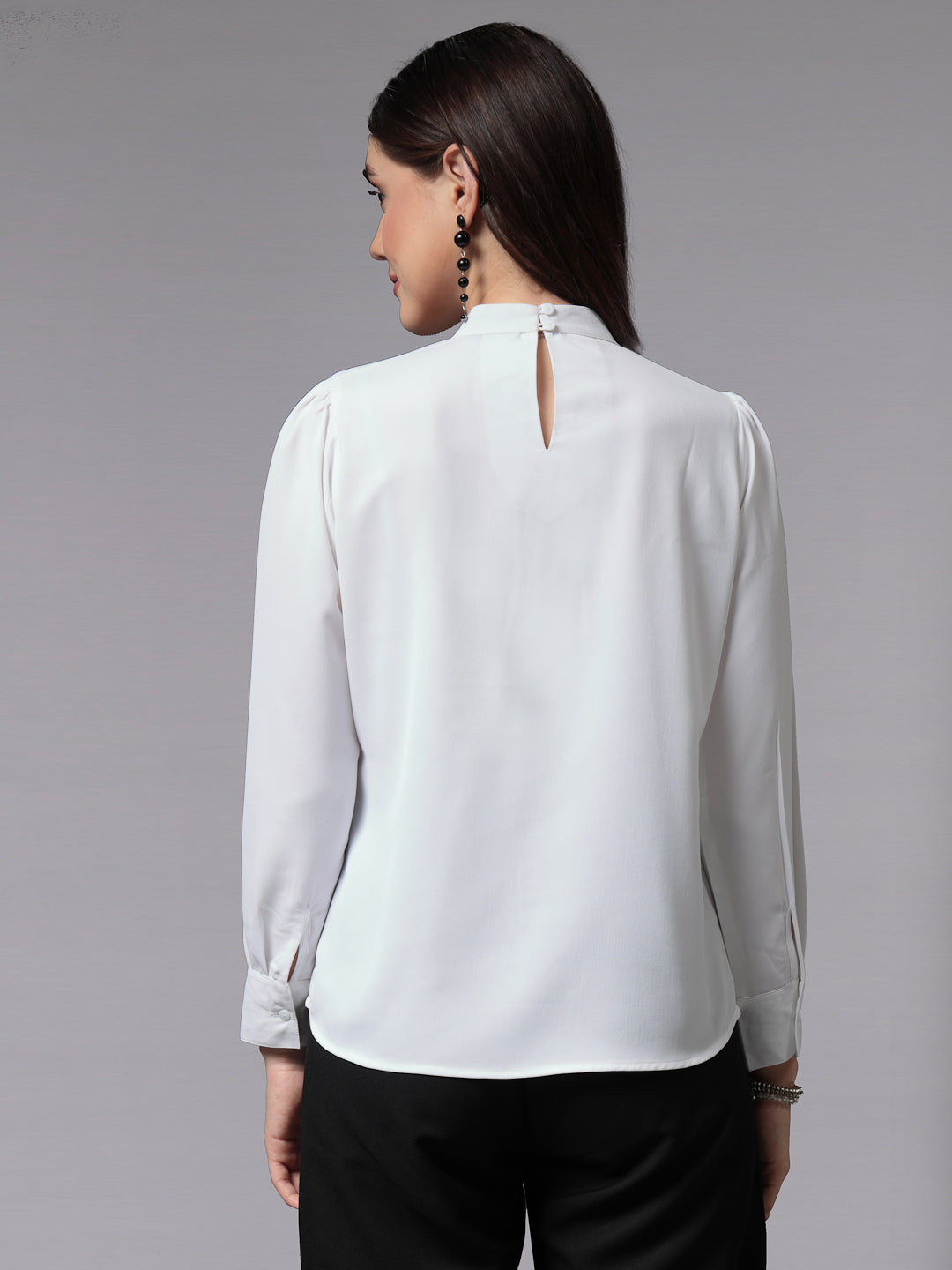 Style Quotient Women White Smart Opaque Band Collar Full Sleeves Smart Top