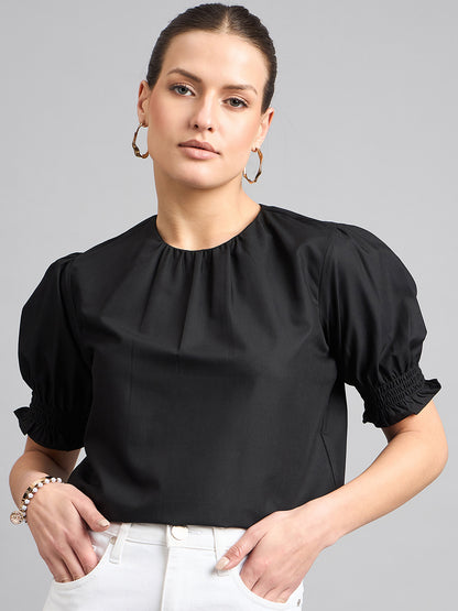 Style Quotient Women Solid Black Polycotton Regular Top