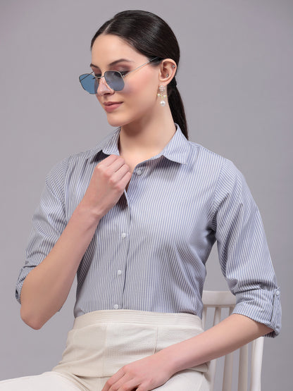 Style Quotients Women Gray And White Cotton Stripe Smart Casual Shirt