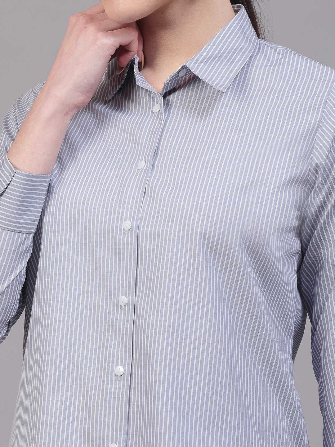 Style Quotients Women Gray And White Cotton Stripe Smart Casual Shirt