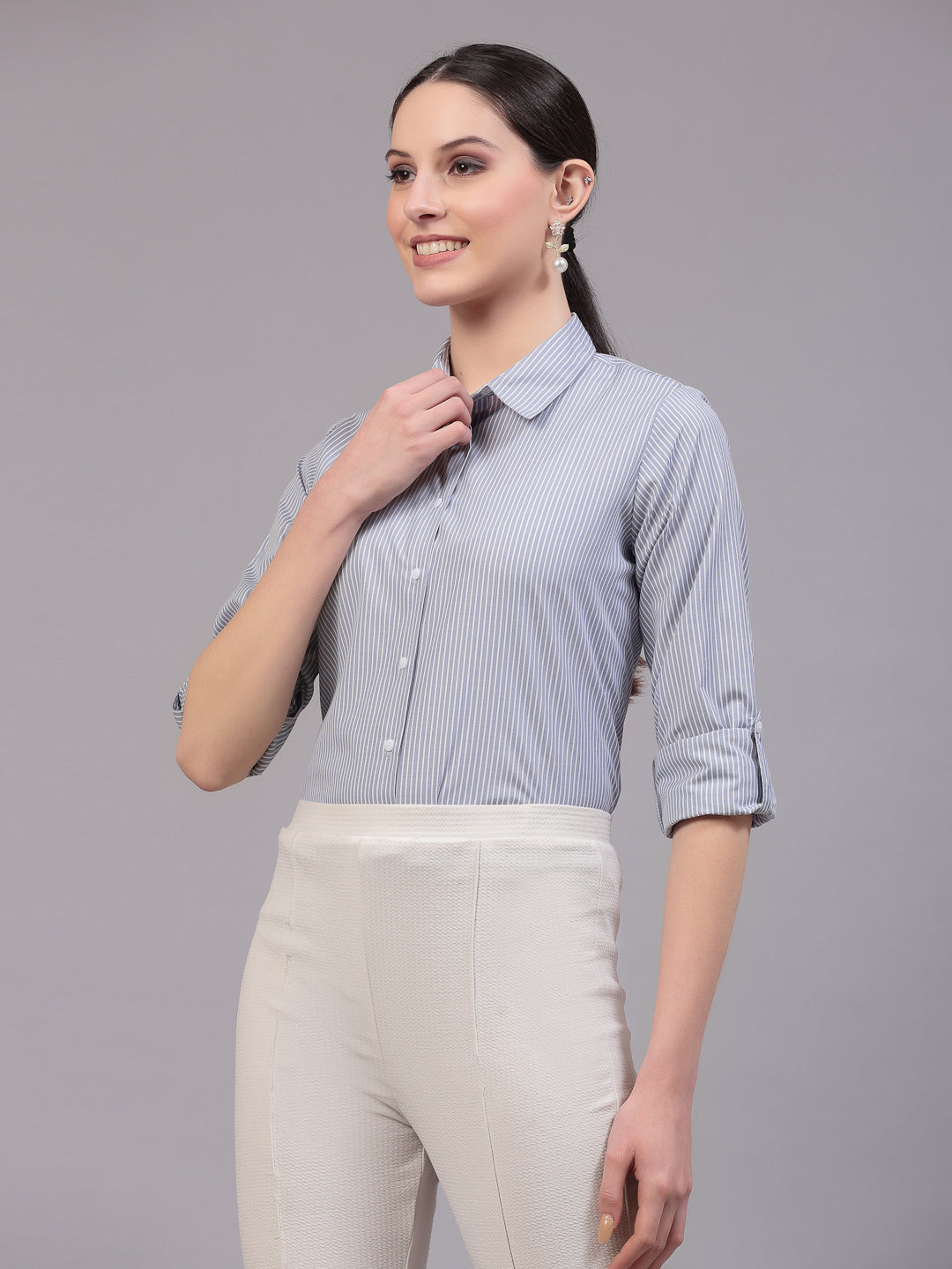 Style Quotients Women Gray And White Cotton Stripe Smart Casual Shirt