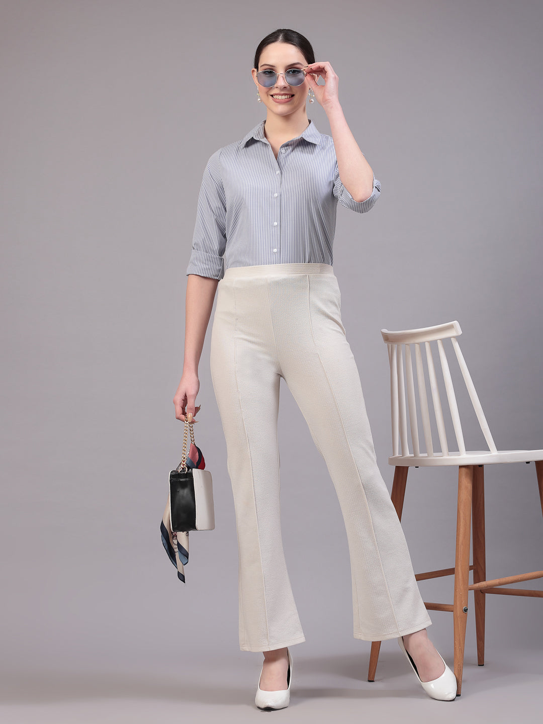 Style Quotients Women Gray And White Cotton Stripe Smart Casual Shirt