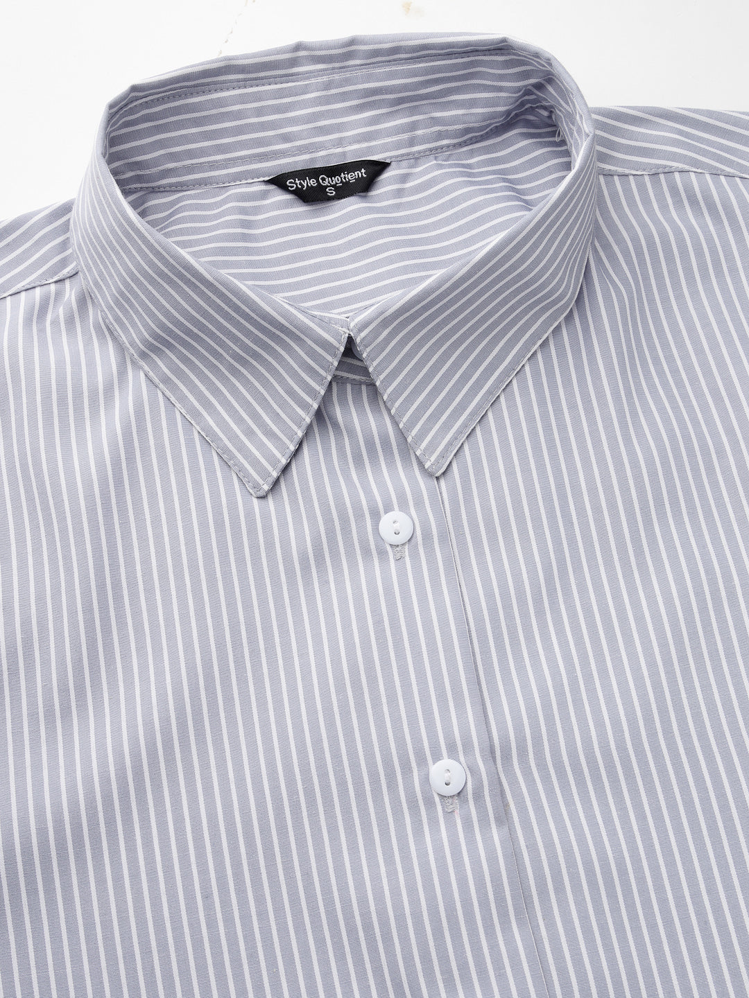 Style Quotients Women Gray And White Cotton Stripe Smart Casual Shirt