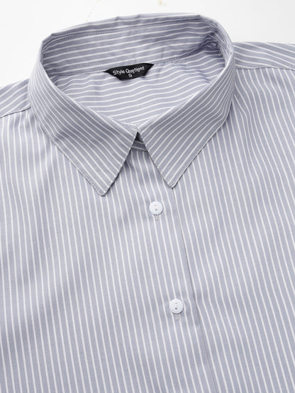 Style Quotients Women Gray And White Cotton Stripe Smart Casual Shirt