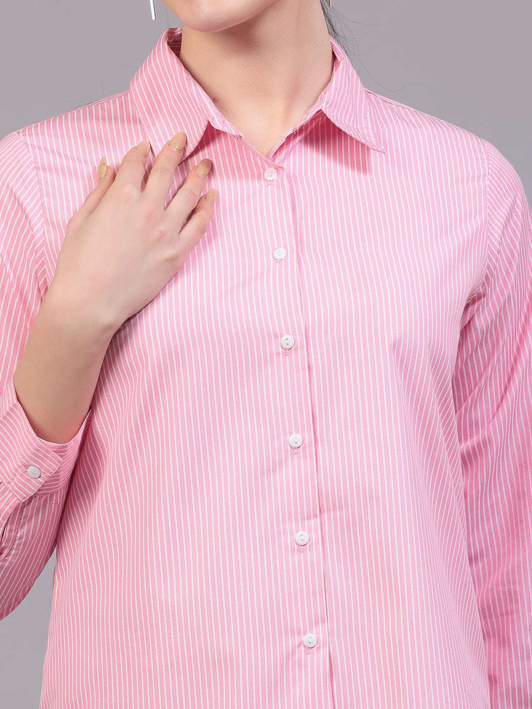 Style Quotients Women Pink And White Cotton Stripe Smart Casual Shirt