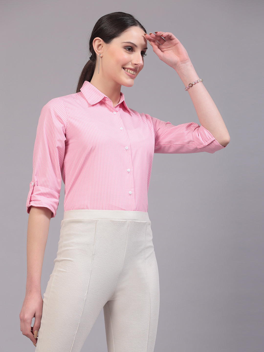 Style Quotients Women Pink And White Cotton Stripe Smart Casual Shirt