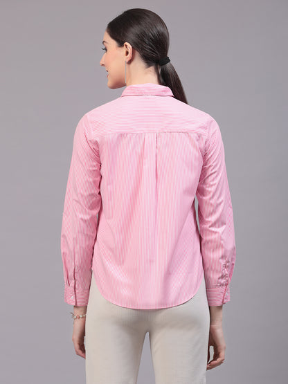 Style Quotients Women Pink And White Cotton Stripe Smart Casual Shirt