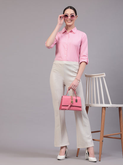 Style Quotients Women Pink And White Cotton Stripe Smart Casual Shirt