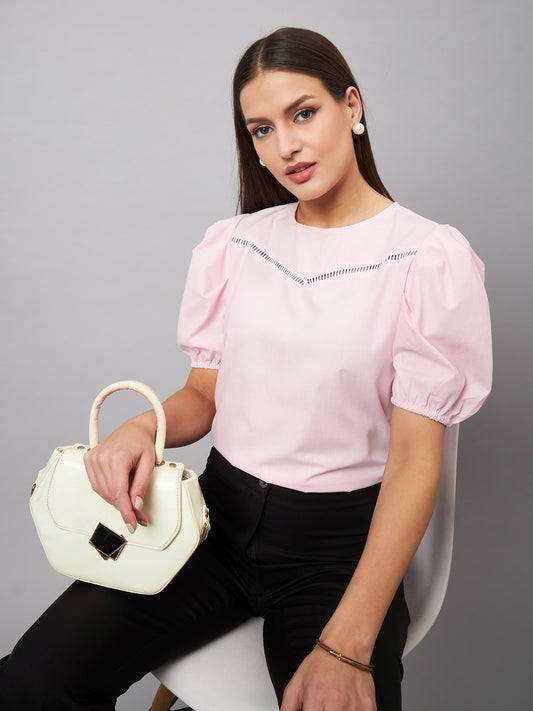 Style Quotient womens Pink Round Neck Puff Sleeves Smart Top