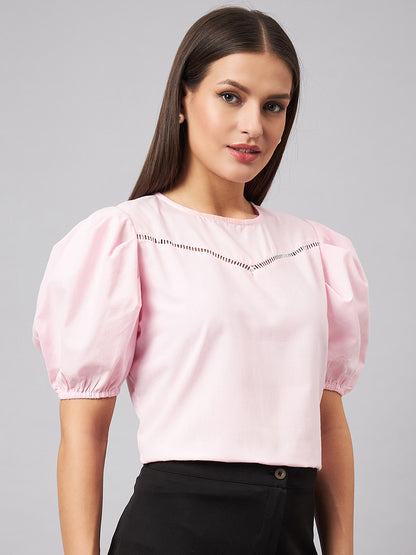 Style Quotient womens Pink Round Neck Puff Sleeves Smart Top