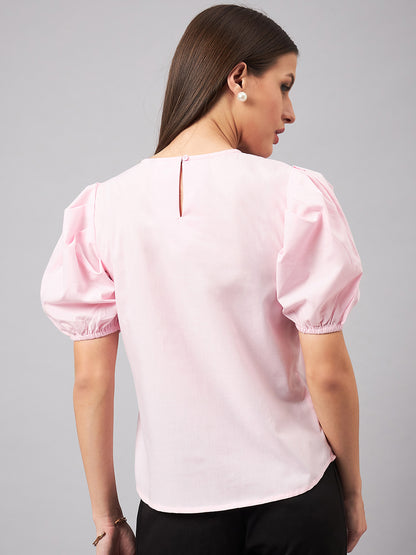 Style Quotient womens Pink Round Neck Puff Sleeves Smart Top