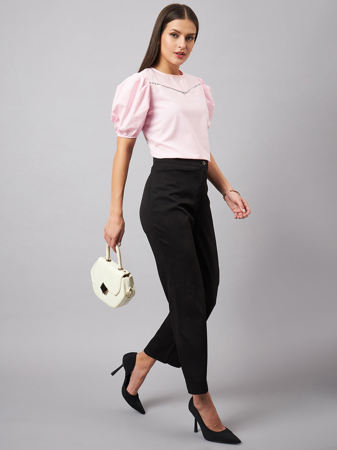 Style Quotient womens Pink Round Neck Puff Sleeves Smart Top