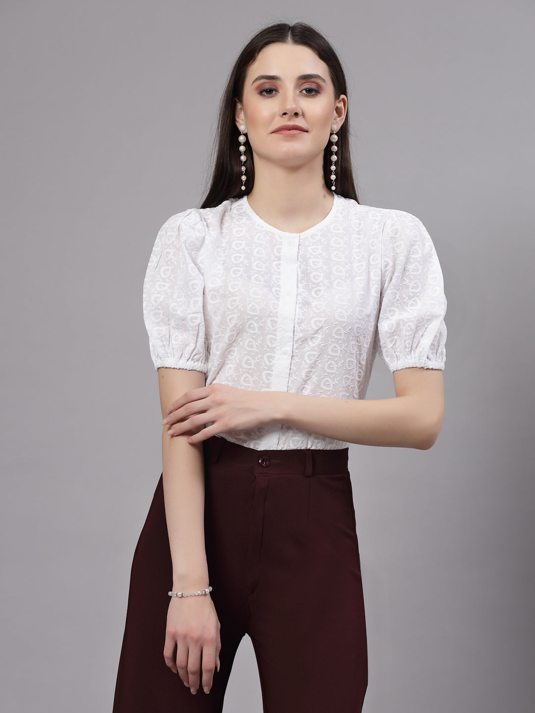 Style Quotient Women White  Smart Round Neck Button Down Top