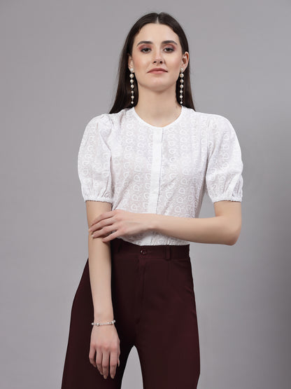 Style Quotient Women White  Smart Round Neck Button Down Top