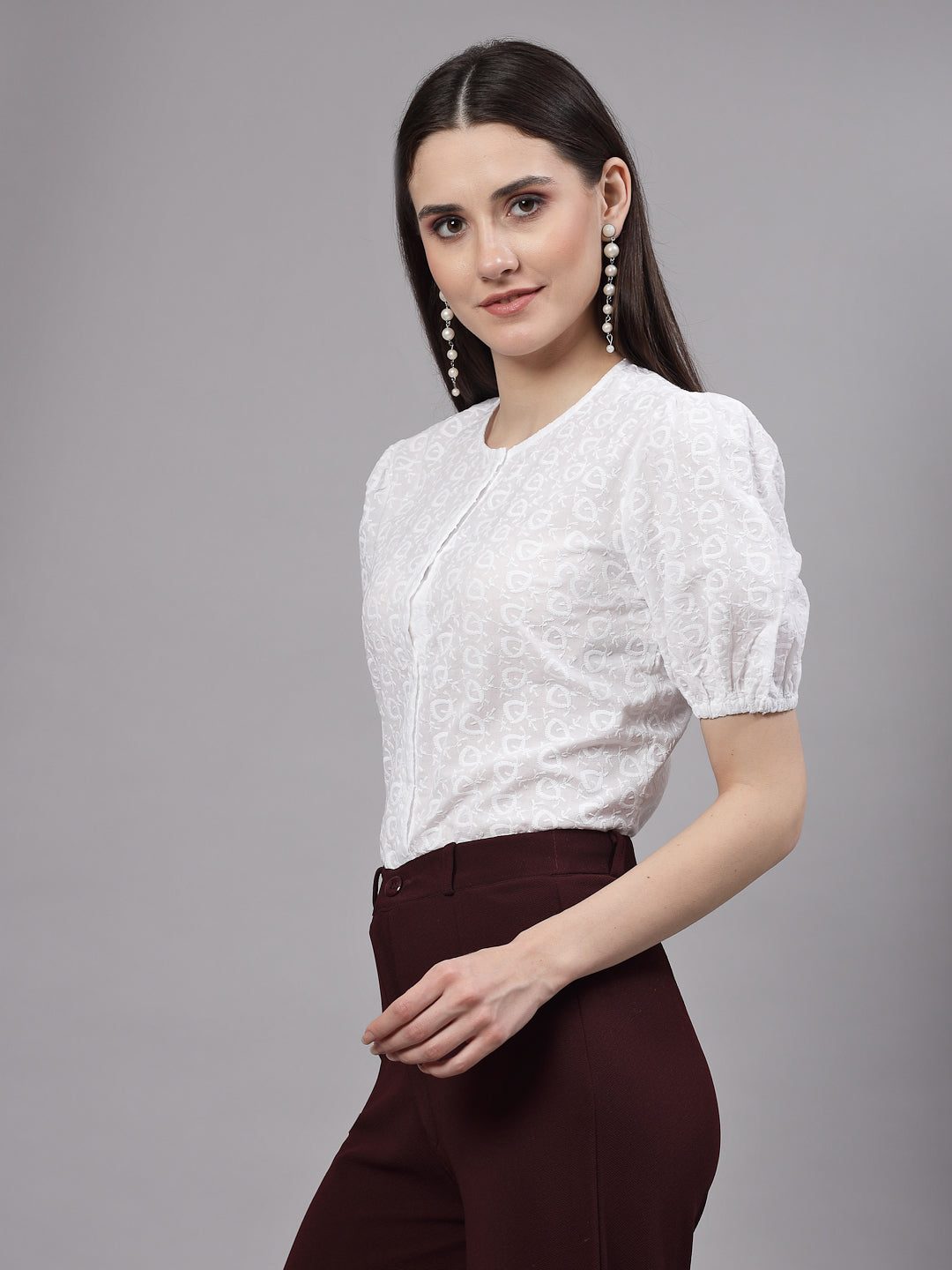 Style Quotient Women White  Smart Round Neck Button Down Top