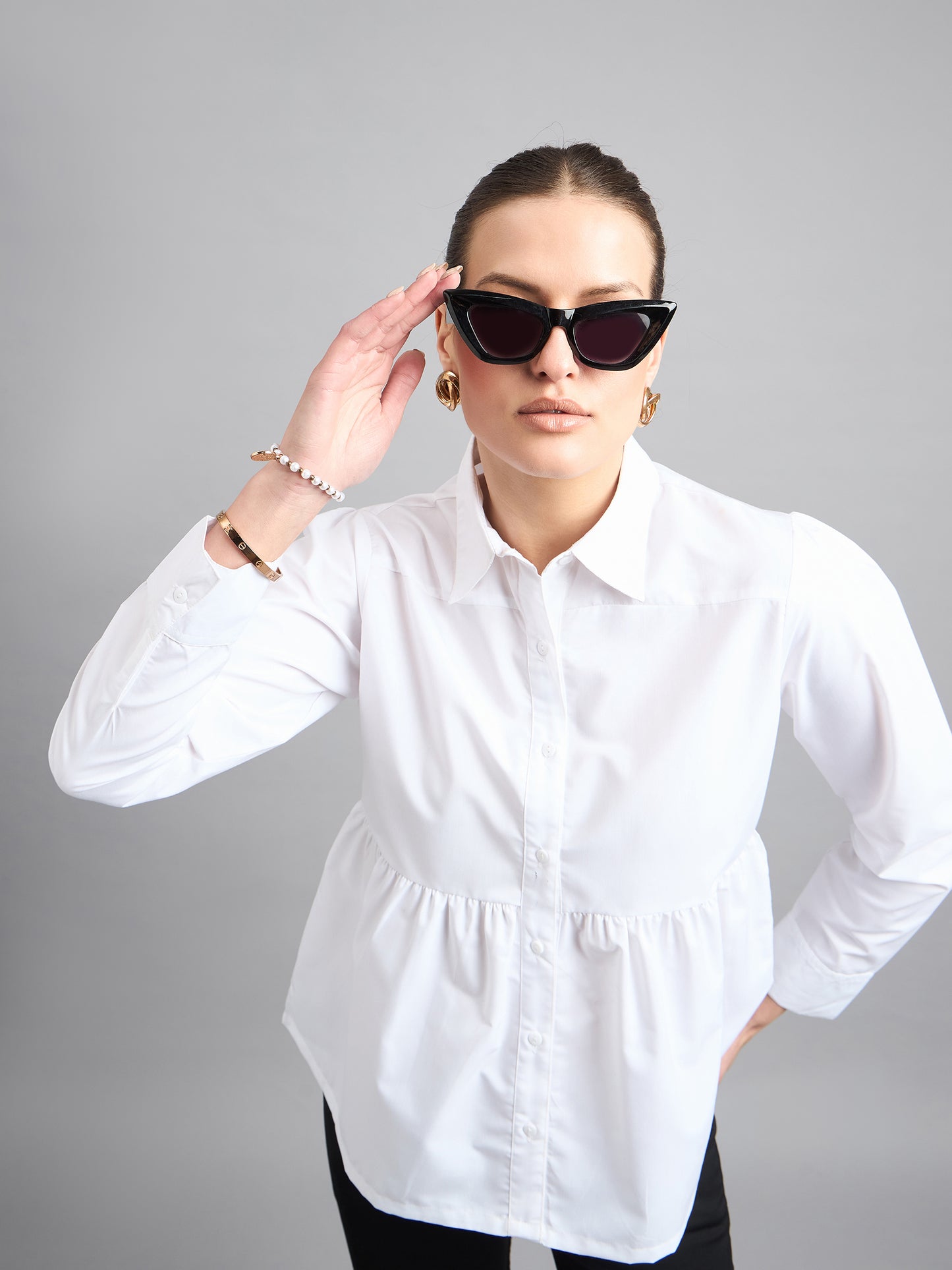 Style Quotient Women Solid White Polycotton Peplum Shirt