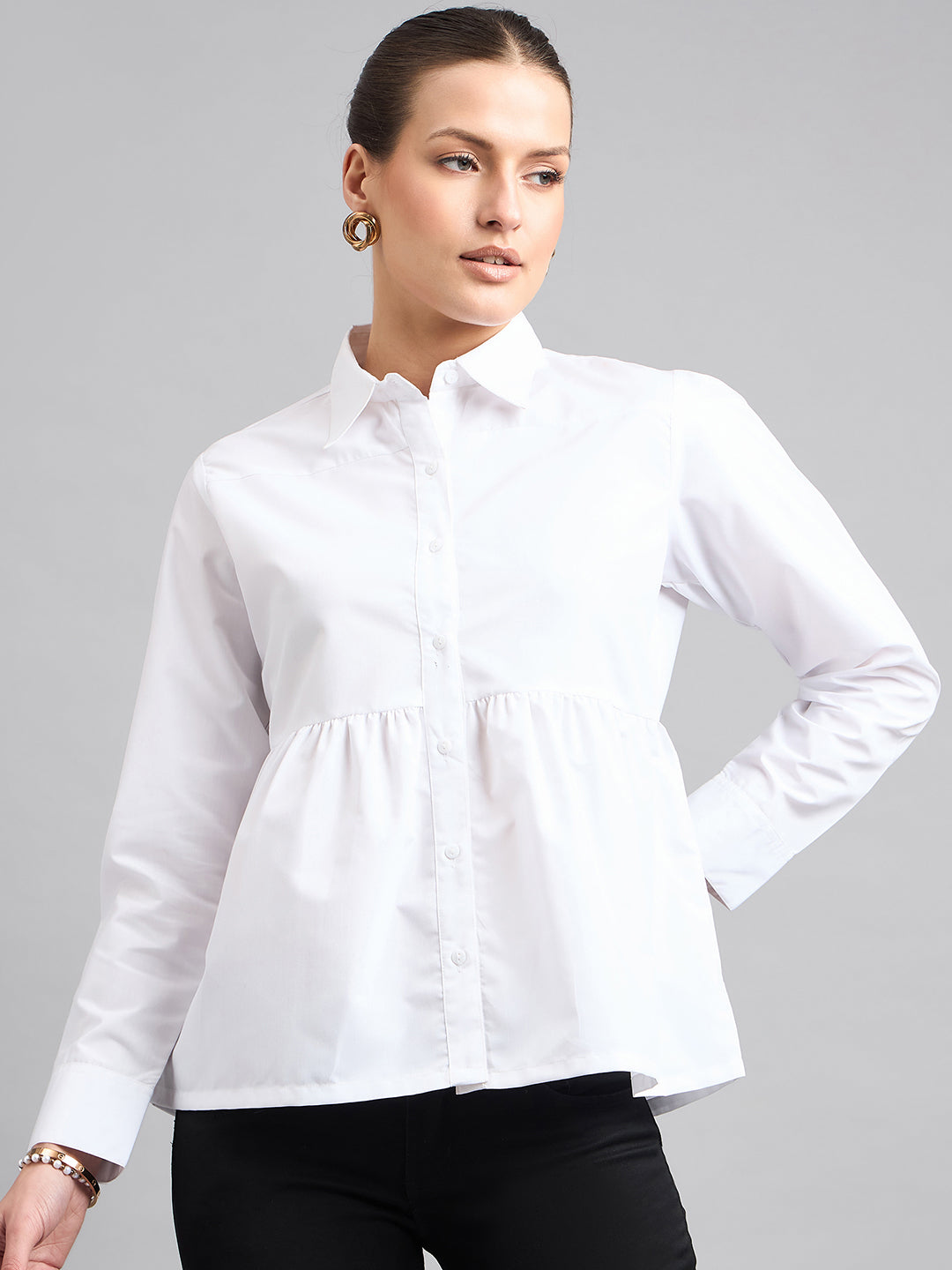 Style Quotient Women Solid White Polycotton Peplum Shirt