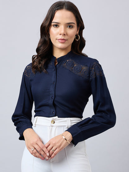 Style Quotient Women Solid Full Sleeve Shirt with Lace Incert Details.