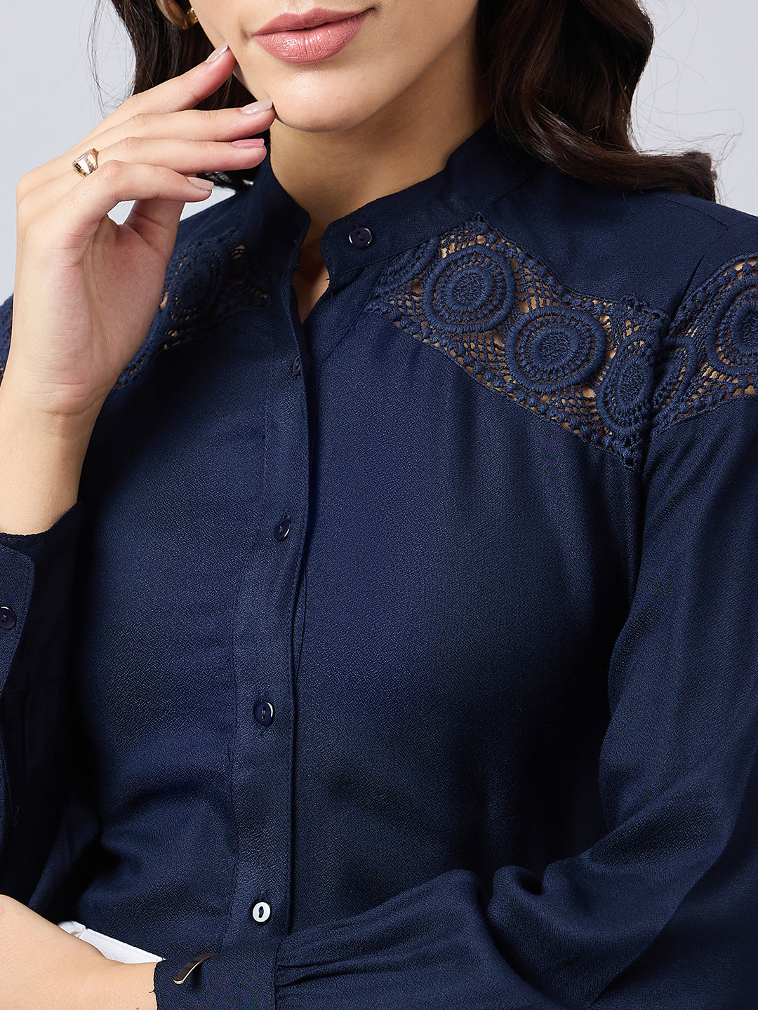 Style Quotient Women Solid Full Sleeve Shirt with Lace Incert Details.