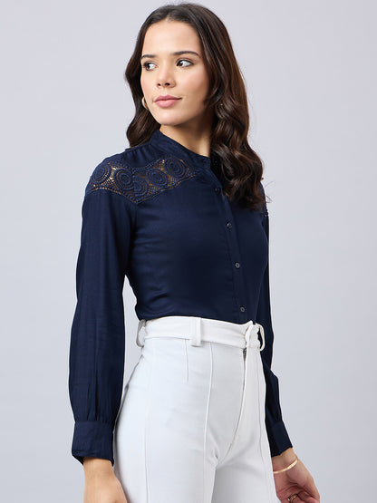 Style Quotient Women Solid Full Sleeve Shirt with Lace Incert Details.